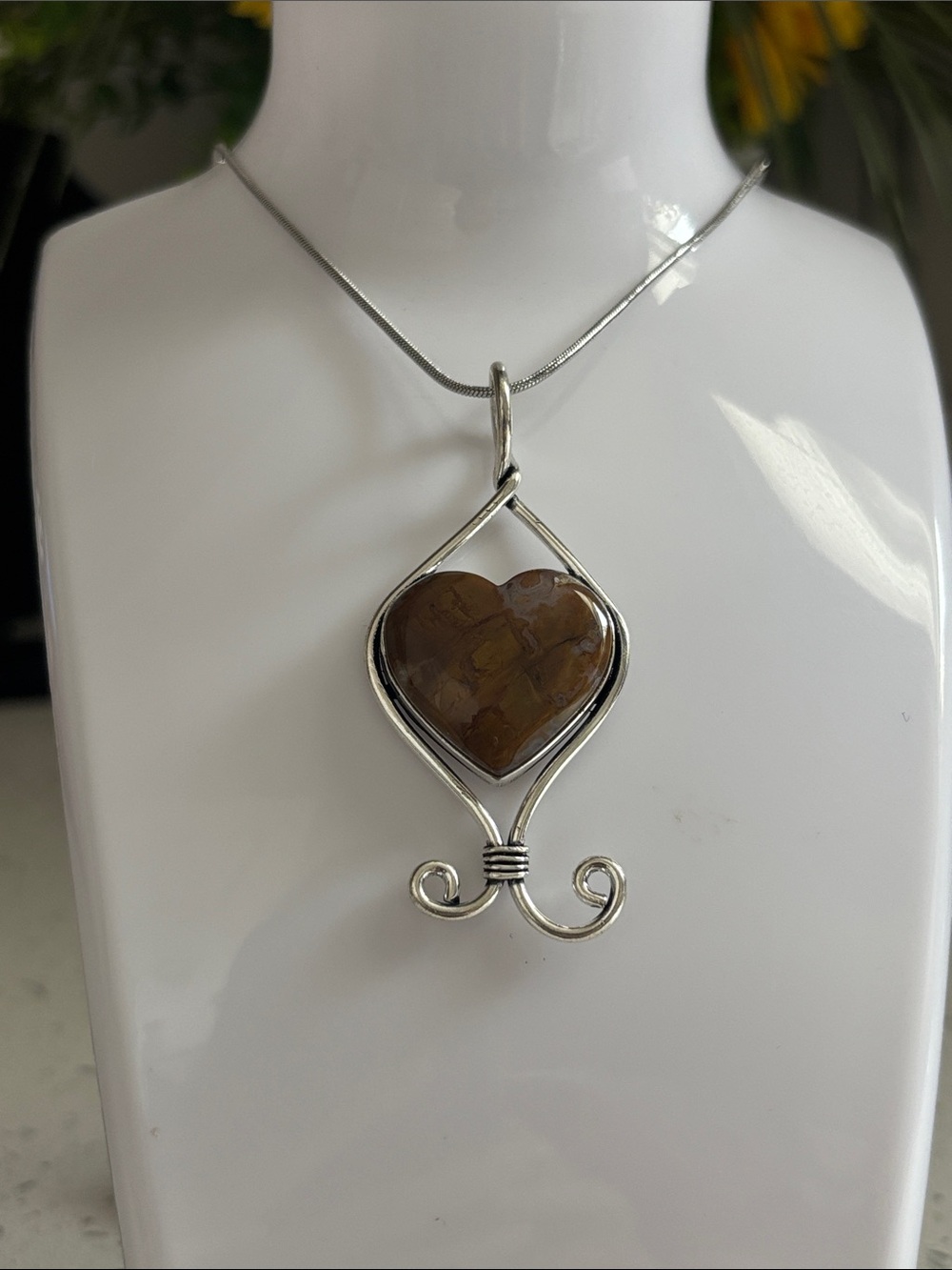 Brown Moss Agate Gemstone Heart Pendant Necklace